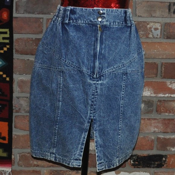 Vtg 80s Jazzino Acid Wash Denim Jean Silver Stud Embroidered Rhinestone Skirt M - Picture 3 of 4